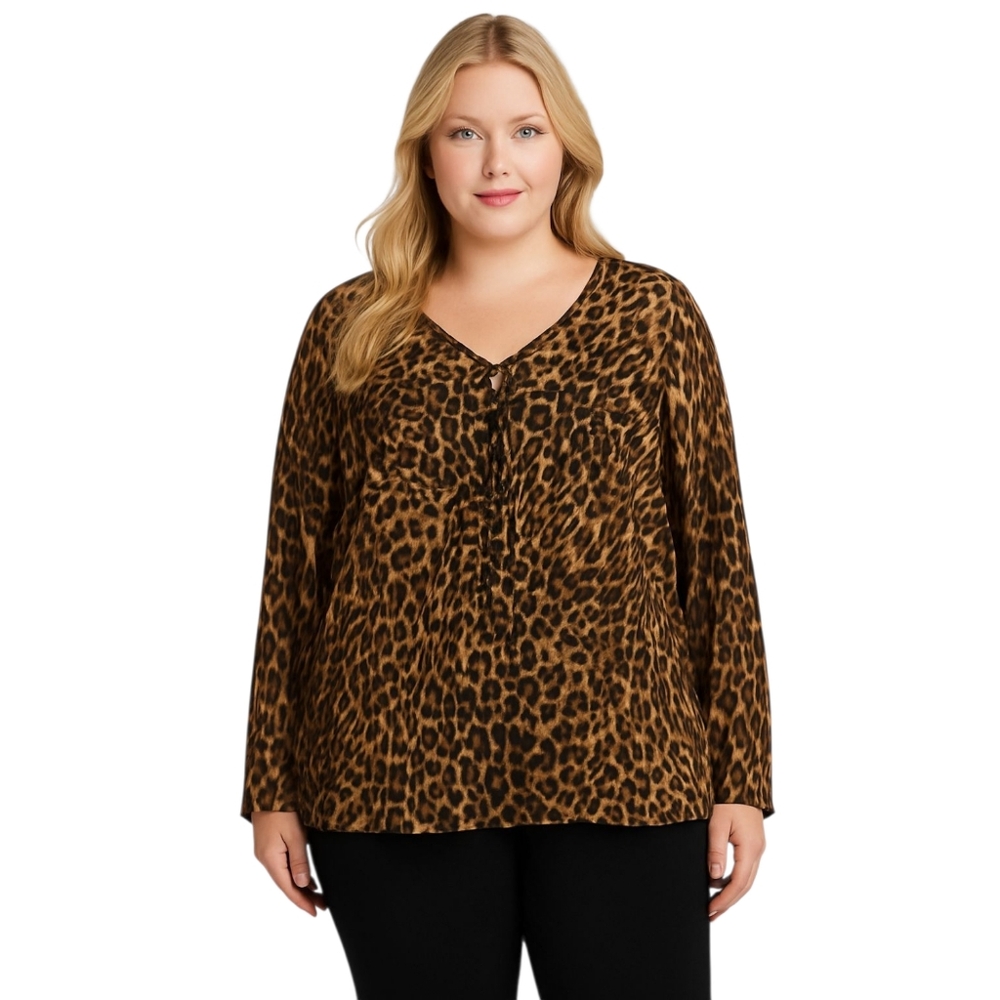 INC International Concepts Leopard Print Lace-Up Blouse Women’s 2X Sheer Nylon